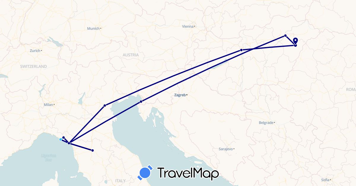 TravelMap itinerary: driving, boat in Hungary, Italy, Slovenia (Europe)